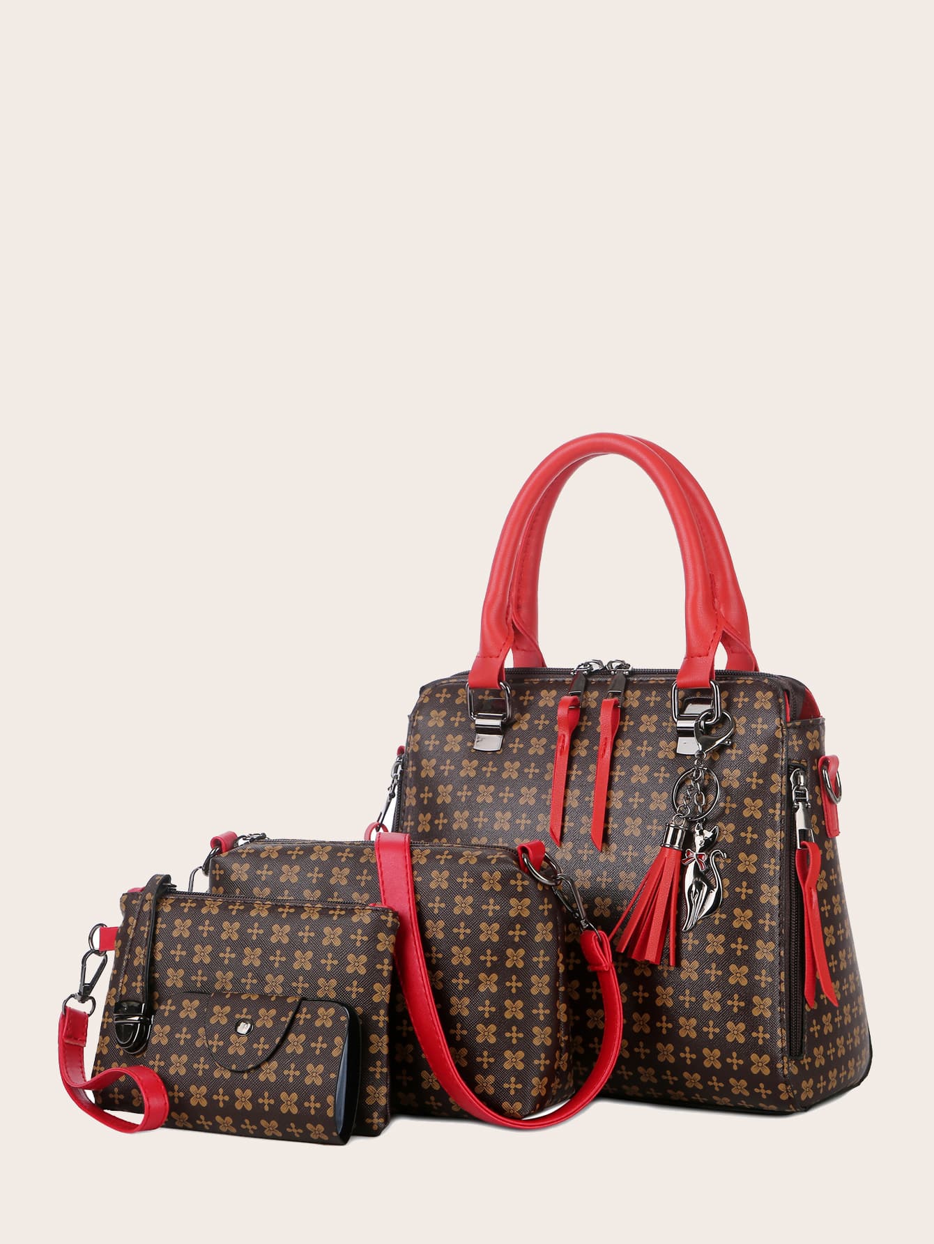 4pcs Tassel Charm Graphic Satchel Bag Set thumbnail