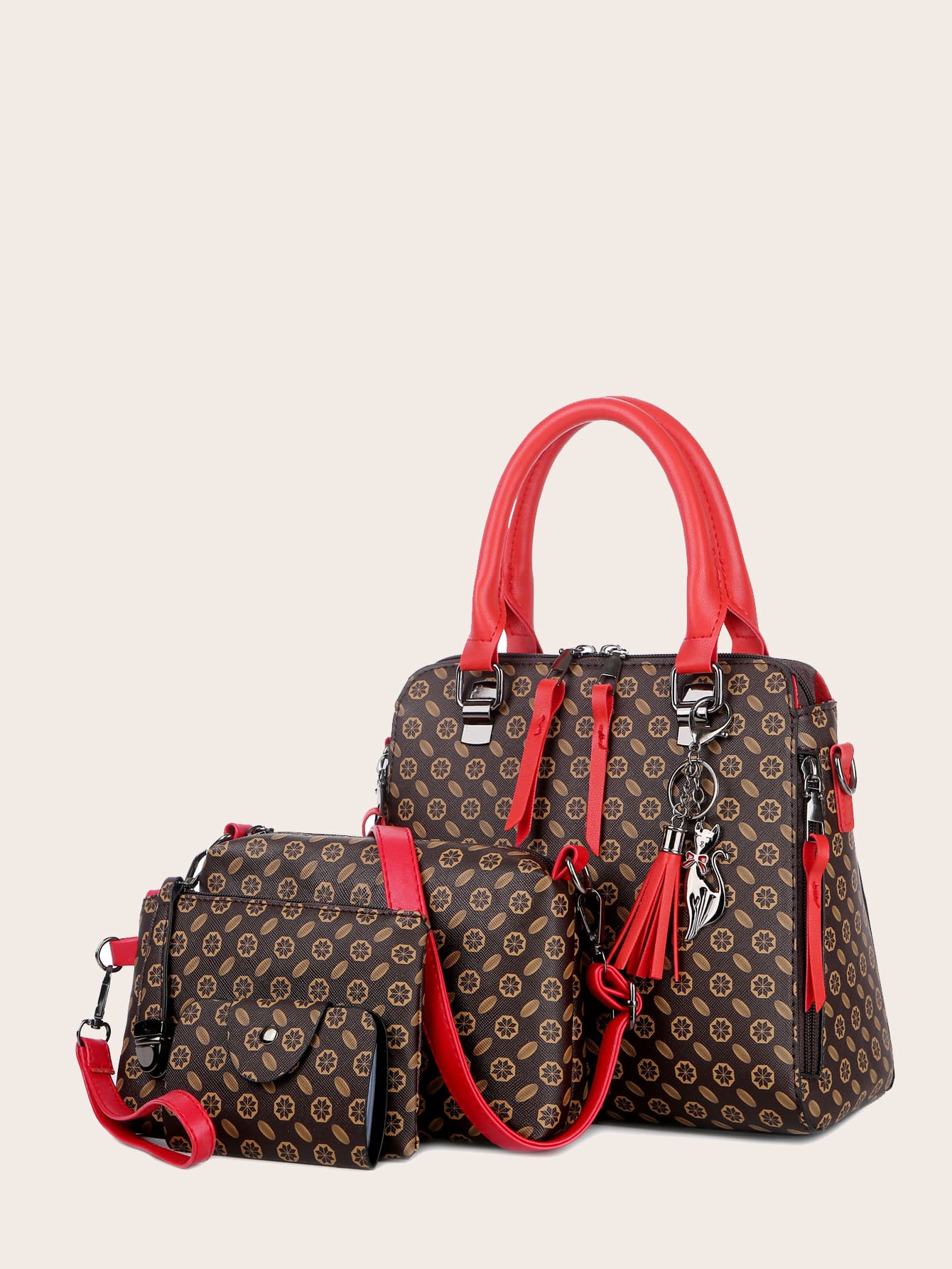 4pcs Tassel Charm Graphic Satchel Bag Set thumbnail
