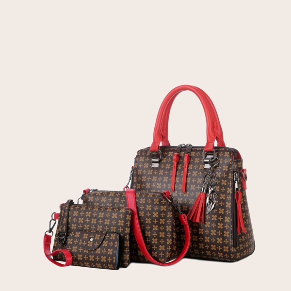

4pcs Tassel Charm Graphic Satchel Bag Set, Coffee brown
