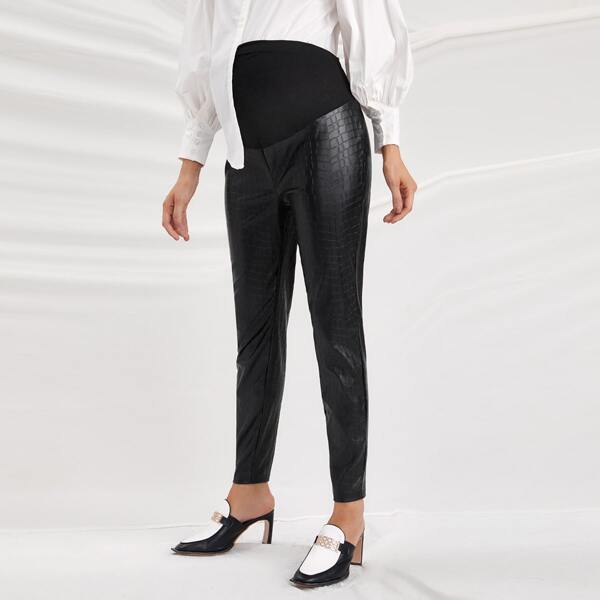 

Maternity Mixed Media Crocodile Embossed PU Pants, Black