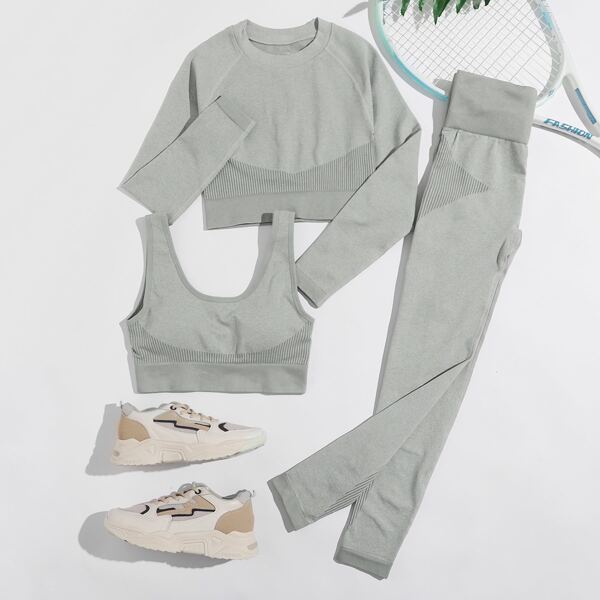 

Seamless 3pcs Super Elastic Striped Sports Set, Grey