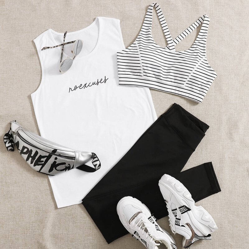 

3pcs Striped Sports Bra & Tank Top & Leggings, Black and white