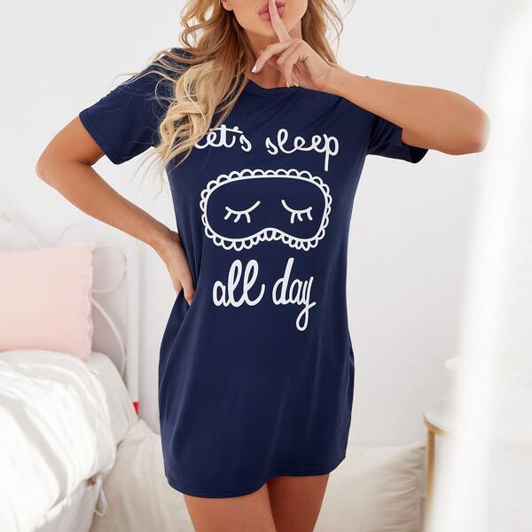 

Slogan & Figure Graphic Sleepdress, Navy blue