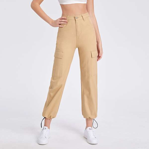 

High Waist Flap Pocket Drawstring Hem Jeans, Khaki
