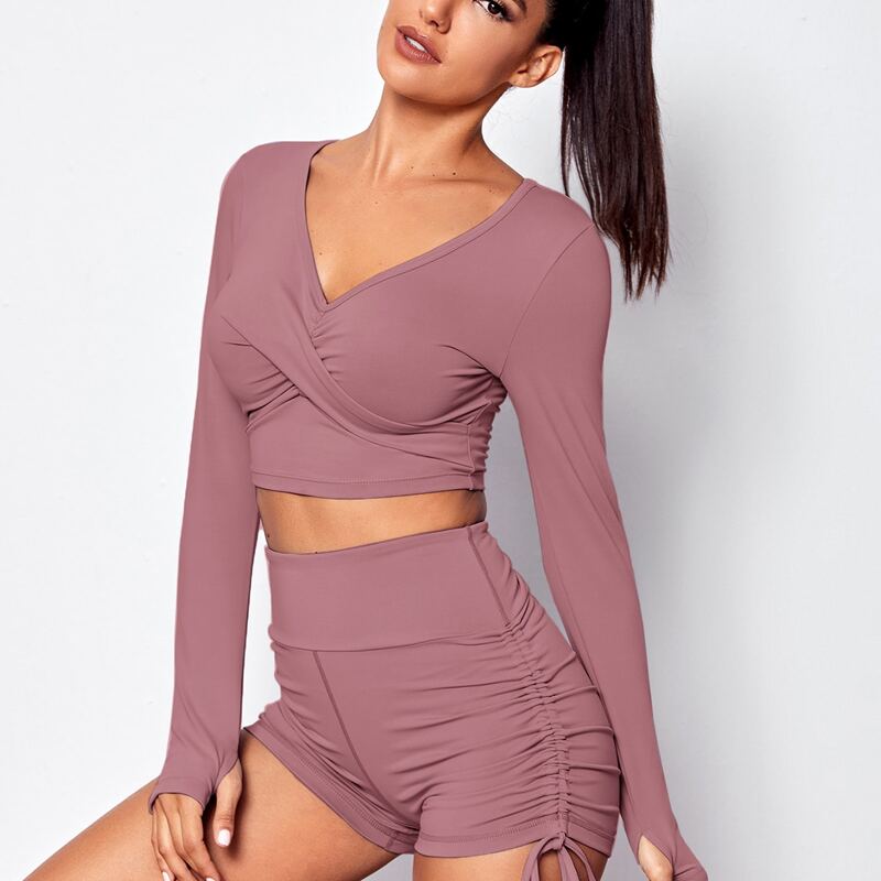 

Ruched Bust Thumb Holes Sports Tee With Drawstring Side Sports Shorts, Dusty pink