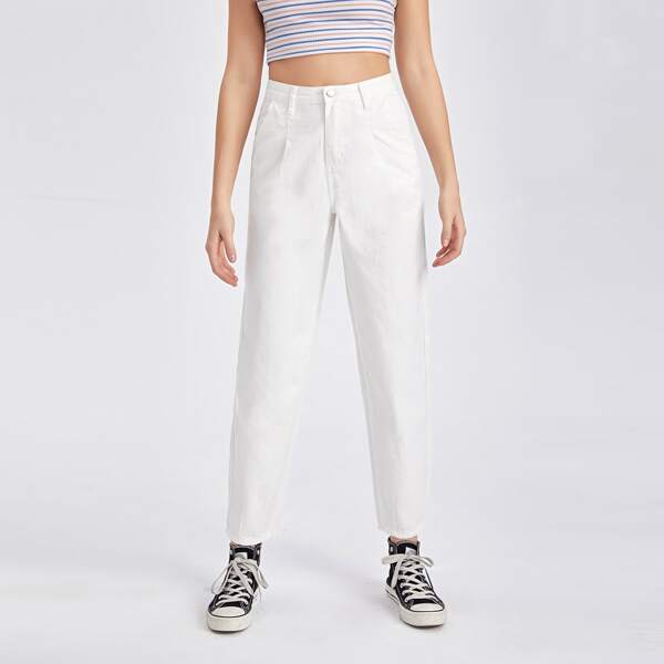 

High Waist Fold Pleat Mom Jeans, White