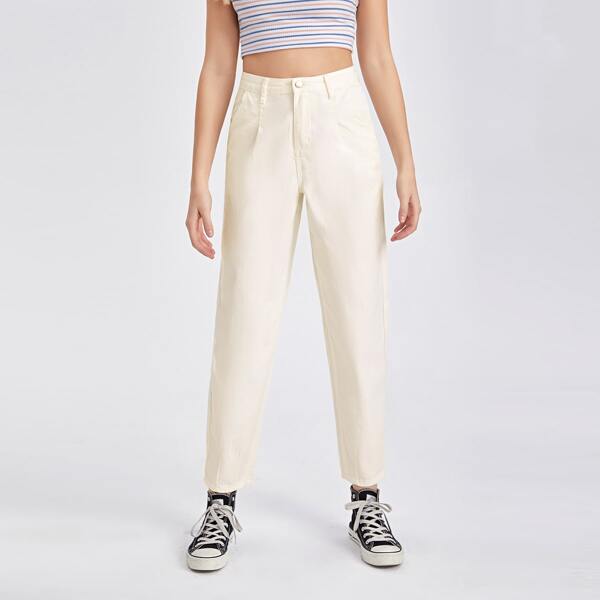 

High Waist Fold Pleat Mom Jeans, Beige