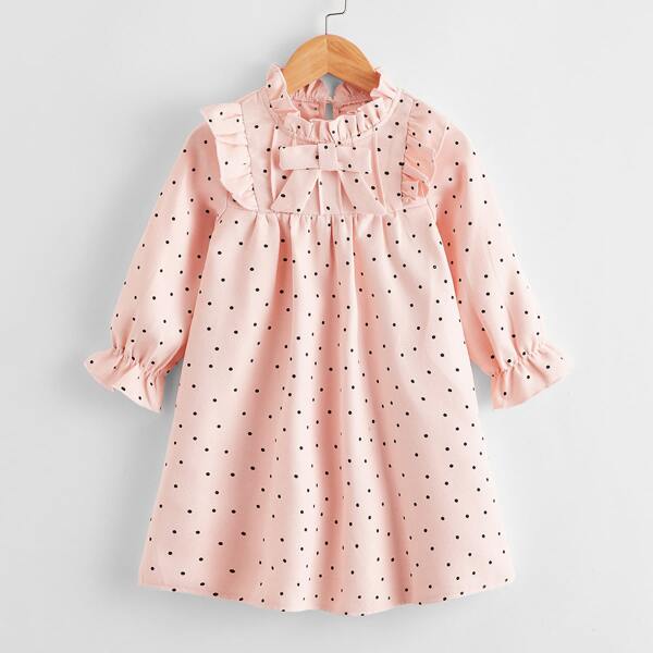 

Toddler Girls Frill Neck Bow Front Polka Dot Dress, Baby pink