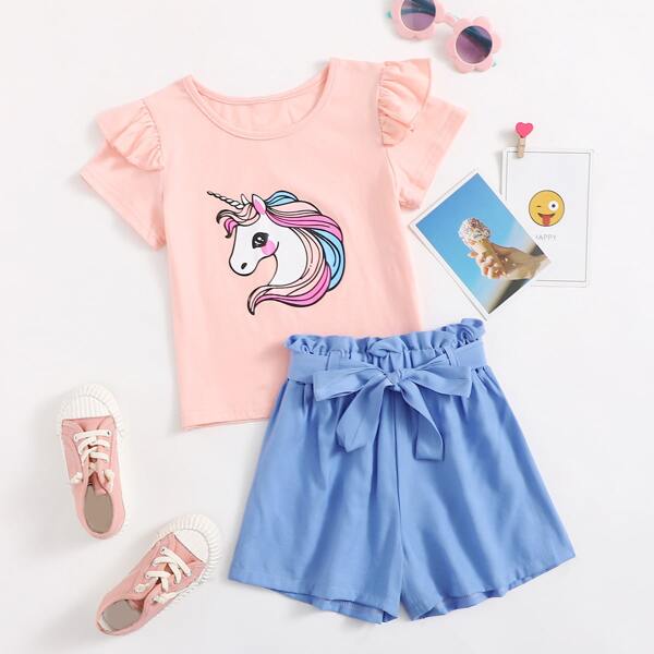 

Toddler Girls Cartoon Graphic Tee With Belted Shorts, Multicolor