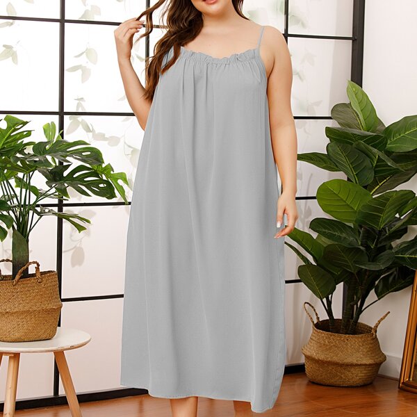 

Plus Solid Frill Trim Cami Nightdress, Light grey