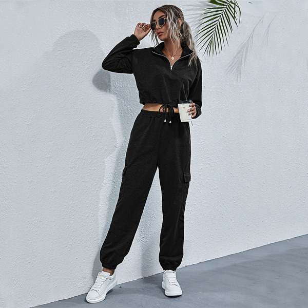 

Solid Half Zip Sweatshirt & Sweatpants, Black