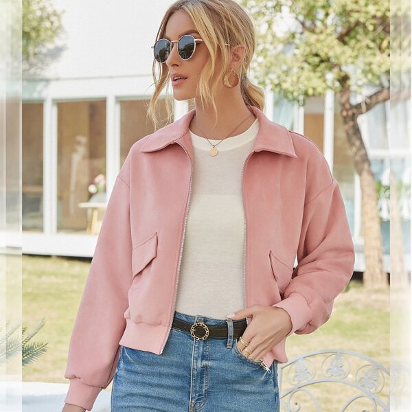 

Drop Shoulder Zip Up Suede Jacket, Coral pink