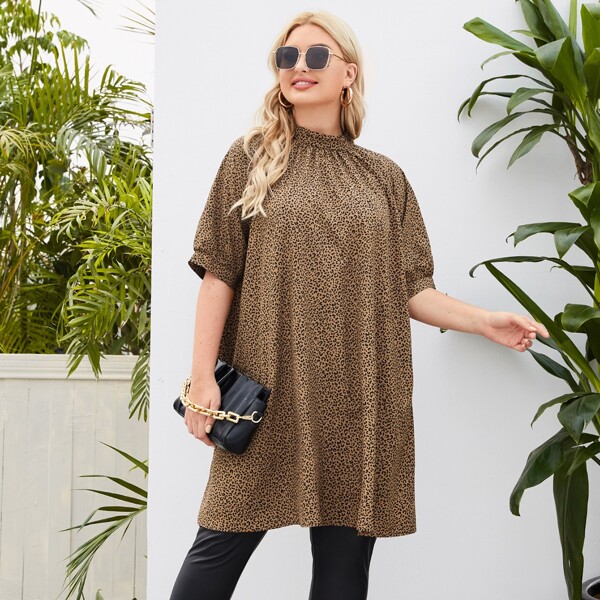 

Plus Stand Collar Leopard Longline Blouse, Mocha brown