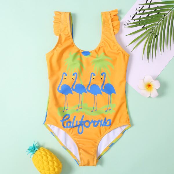 

Girls Flamingo Print One Piece Swimsuit, Yellow