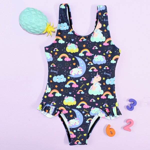 

Toddler Girls Unicorn Print Ruffle One Piece Swimsuit, Multicolor