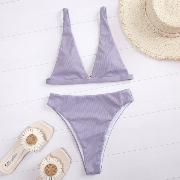 

Rib High Waisted Bikini Swimsuit, Dusty purple