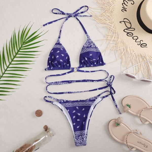 

Paisley Triangle Halter Thong Bikini Swimsuit, Blue and white