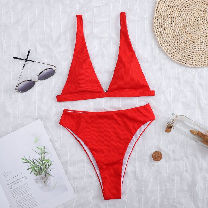 

Rib High Waisted Bikini Swimsuit, Red