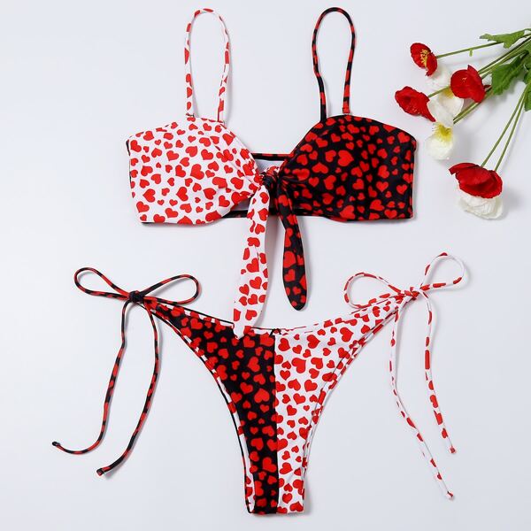 

Heart Print Tie Side Bikini Swimsuit, Multicolor