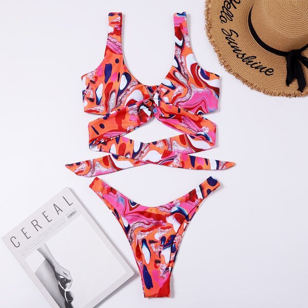 

Allover Graphic Ring Linked Bikini Swimsuit, Multicolor