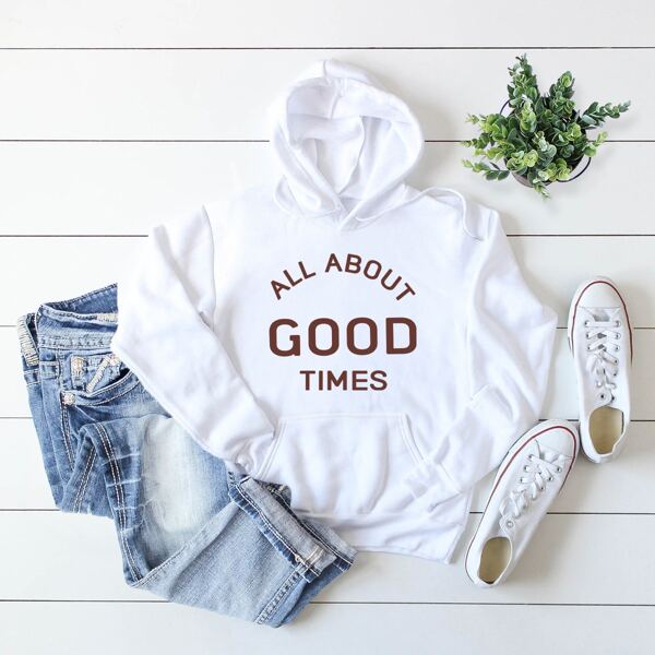 

Slogan Graphic Fleece Lined Drawstring Hoodie, White