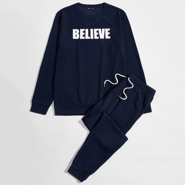 

Men Letter Graphic Pullover & Drawstring Joggers Set, Navy blue