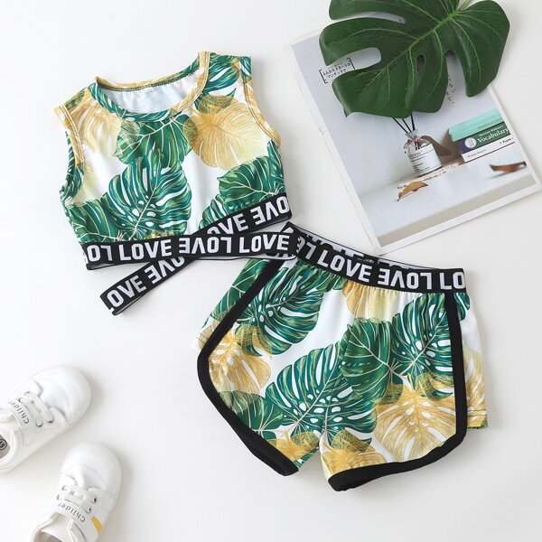 

Toddler Girls Tropical Print Criss Cross Tank Top With Track Shorts, Multicolor
