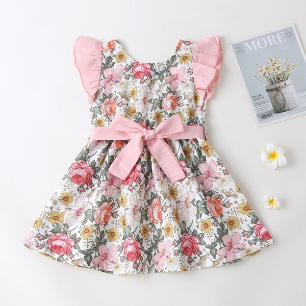 

Toddler Girls Floral Print Ruffle Trim Belted Dress, Multicolor