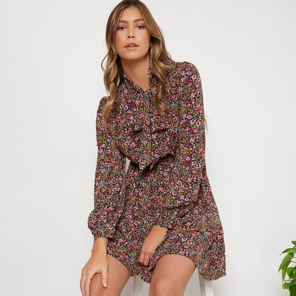 

Tie Neck Lantern Sleeve Ditsy Floral Dress, Multicolor