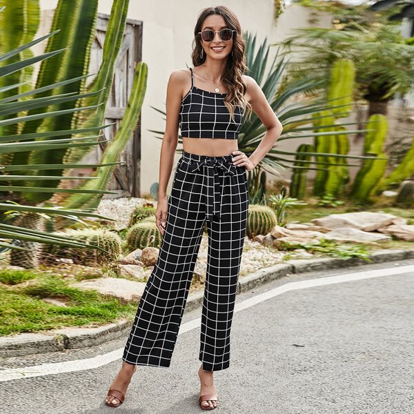 

Grid Print Cami Top With Belt Wide Leg Pants, Black