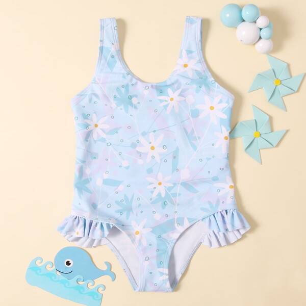 

Toddler Girls Floral One Piece Swimsuit, Pastel baby blue