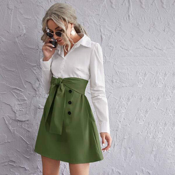 

Tie Front Colorblock Double Button Colorblock 2 In 1 Dress, Multicolor