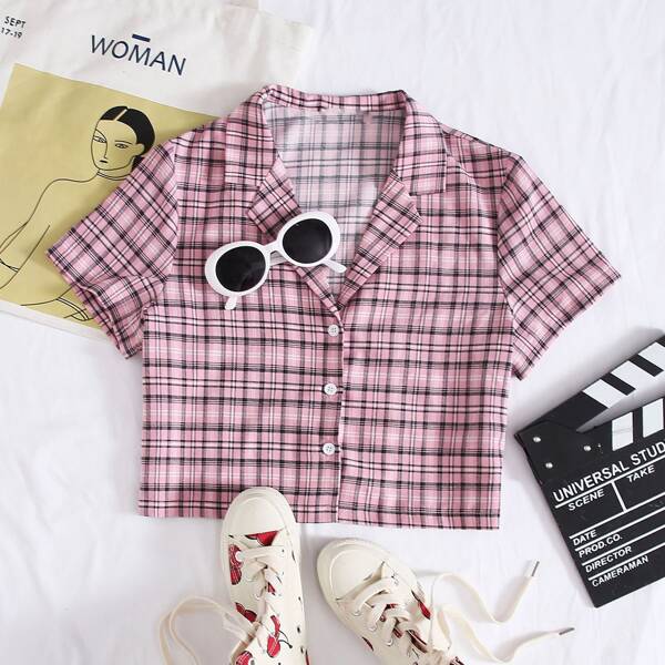 

Plus Button Front Tartan Print Blouse, Multicolor