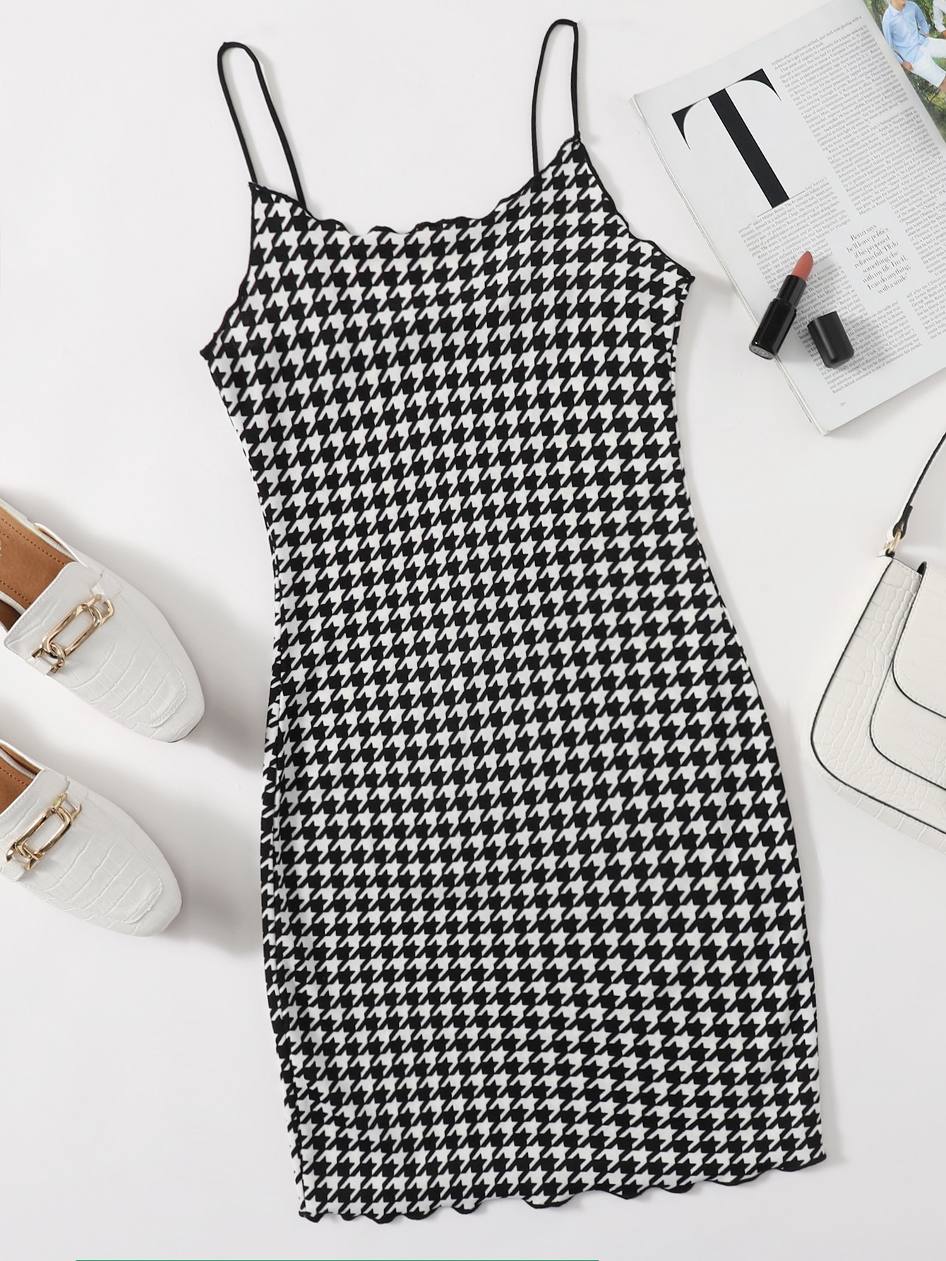 Houndstooth Lettuce Trim Bodycon Dress thumbnail