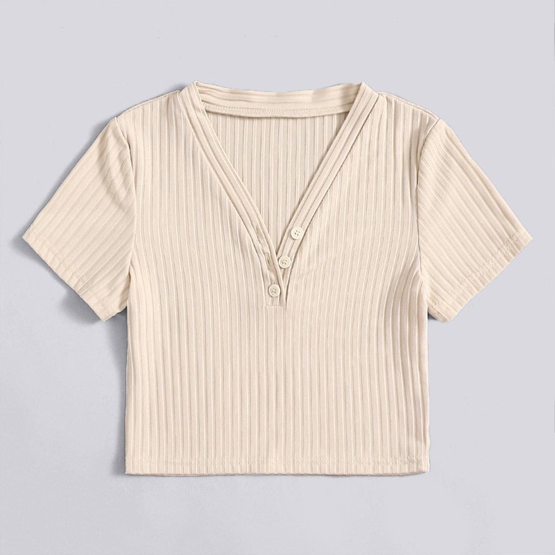 

Solid Ribbed Button Crop Tee, Apricot
