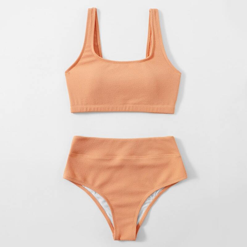 

Solid High Waisted Bikini Swimsuit, Coral orange