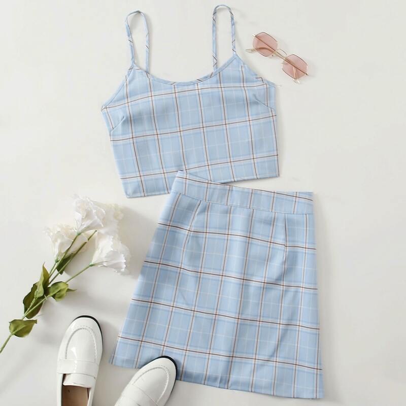

Plaid Shirred Crop Cami & Skirt, Baby blue