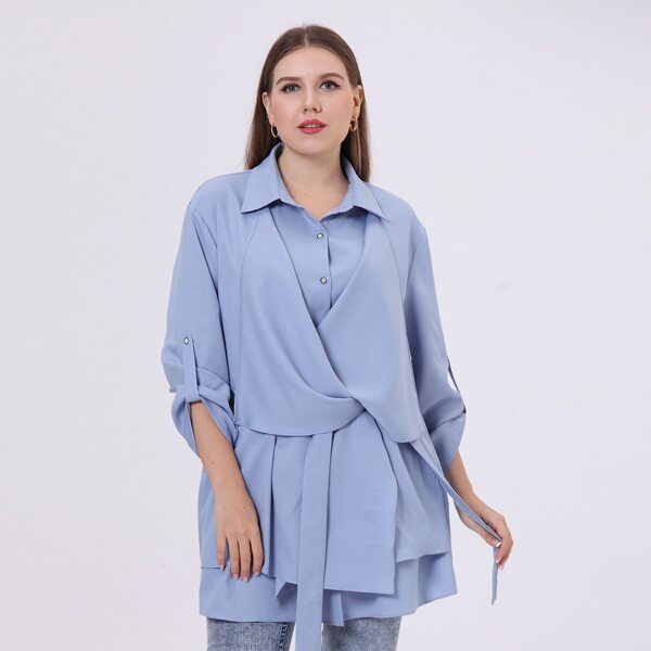 

Plus Solid Button Up Draped Belted Blouse, Baby blue