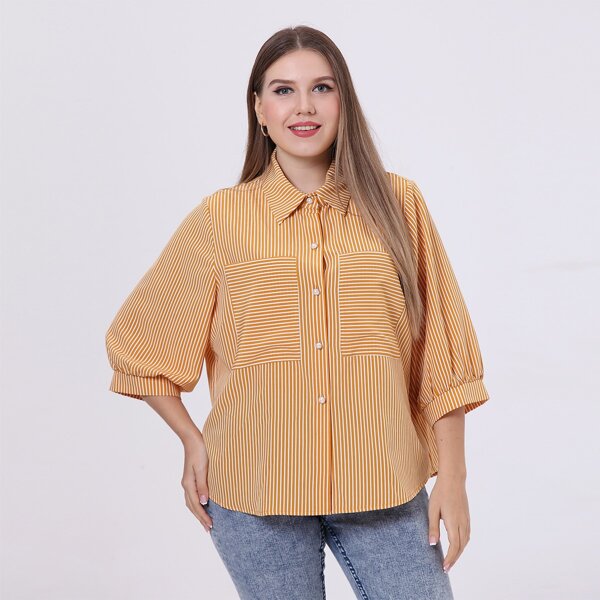 

Plus Striped Pocket Patched Blouse, Orange