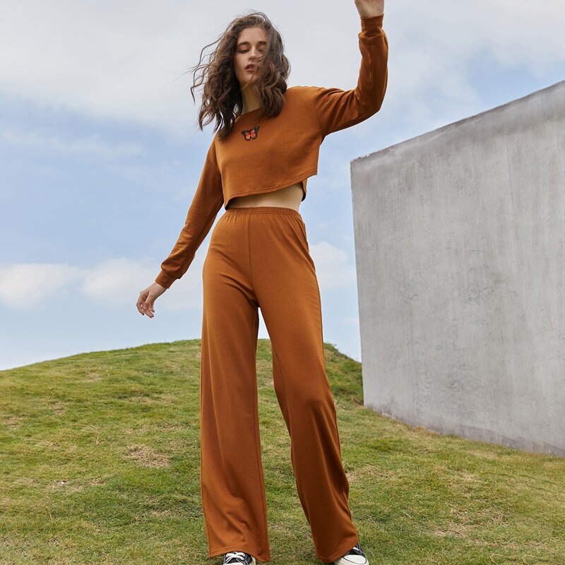 

Butterfly Embroidery Tee & Pants, Brown