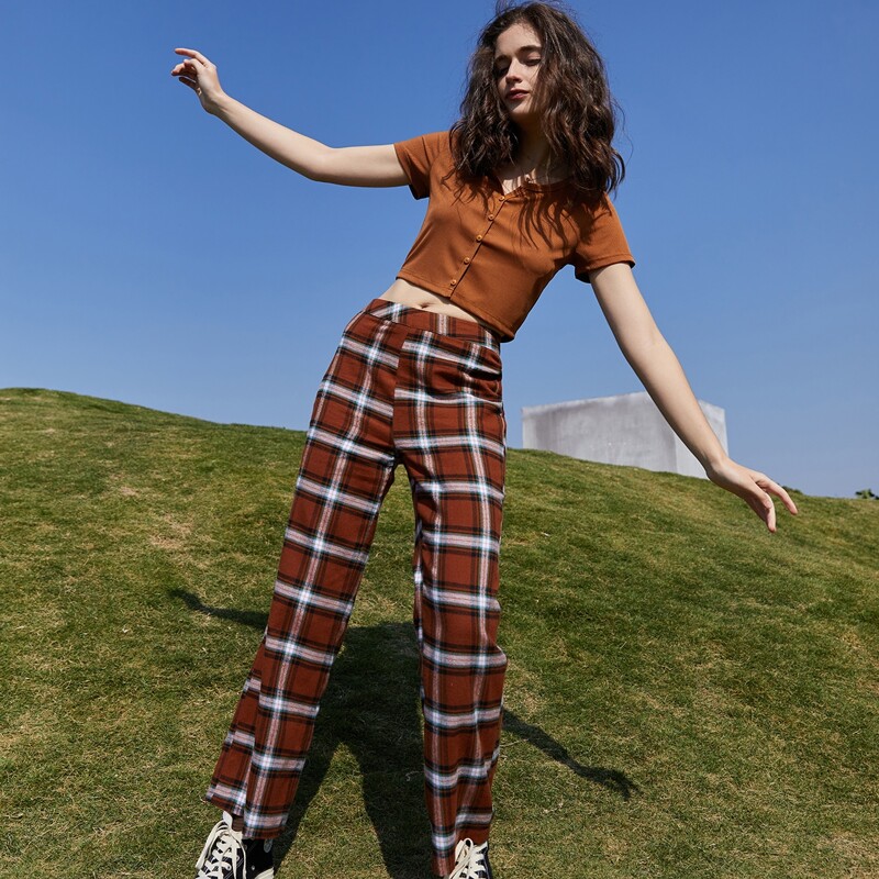 

Button Front Tee & Plaid Pants, Multicolor