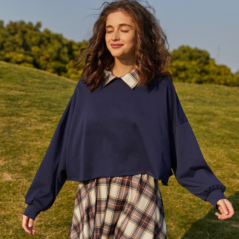 

Contrast Collar Sweatshirt & Plaid Skirt, Multicolor