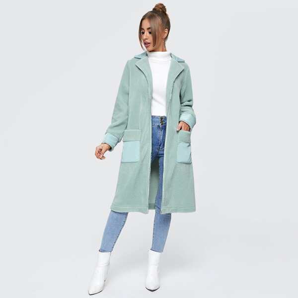 

Dual Pocket Lapel Neck Teddy Coat, Mint green