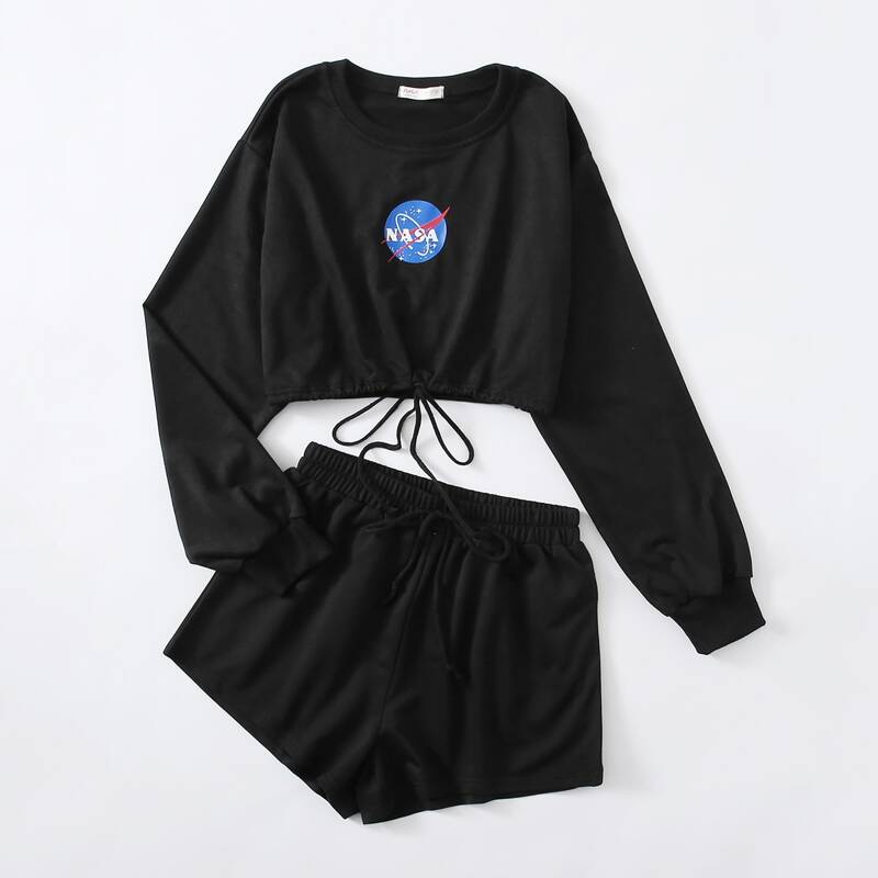 

Letter Graphic Drawstring Top & Shorts, Black