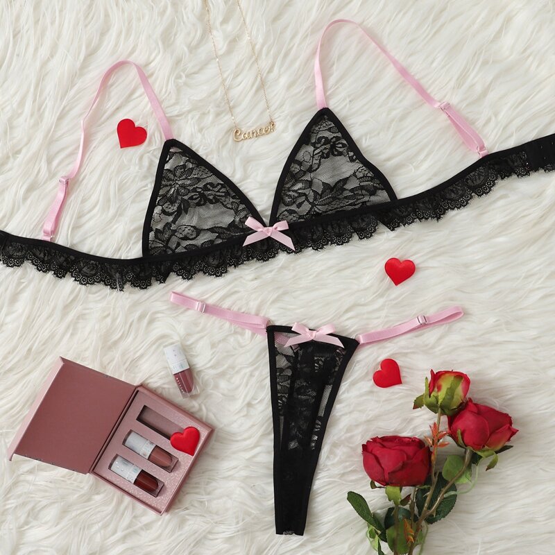 

Floral Lace Thong Lingerie Set, Black