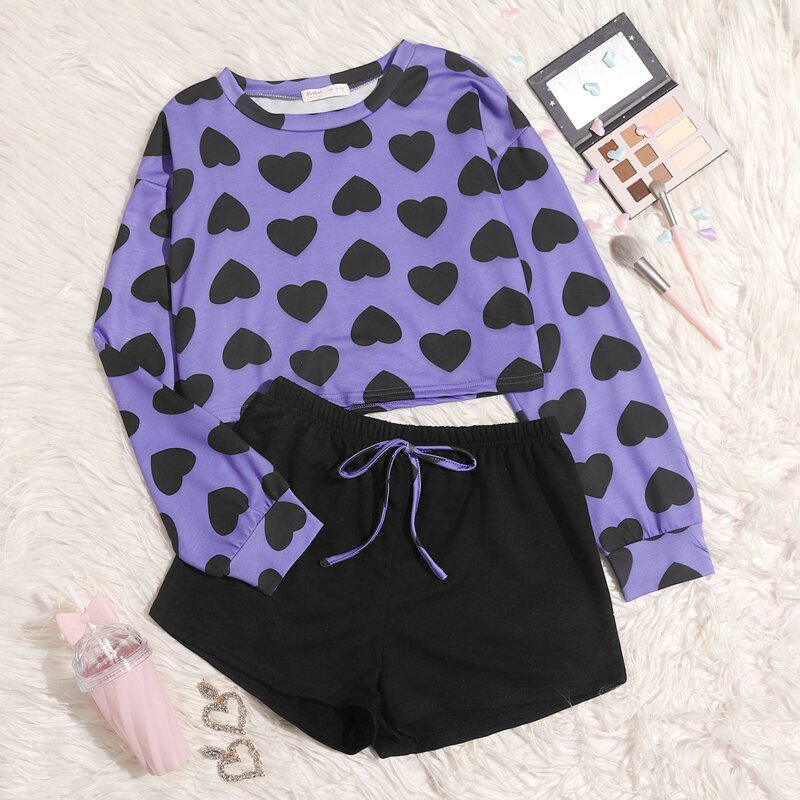 

Heart Print Shorts PJ Set, Multicolor