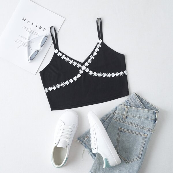 

Lace-flower Patched Crop Cami Top, Black