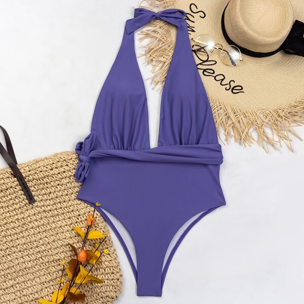 

Knot Waist Plunging One Piece Swimsuit, Violet purple