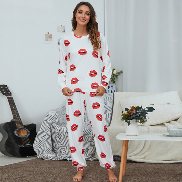 

Lip Print Tee & Joggers, Red and white