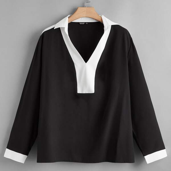 

Plus Colorblock Long Sleeve Blouse, Black